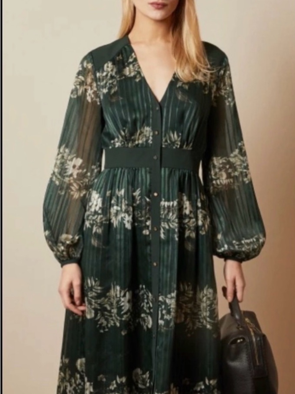 Ted Baker Dark Green Floral Long-Sleeve Midi Dress